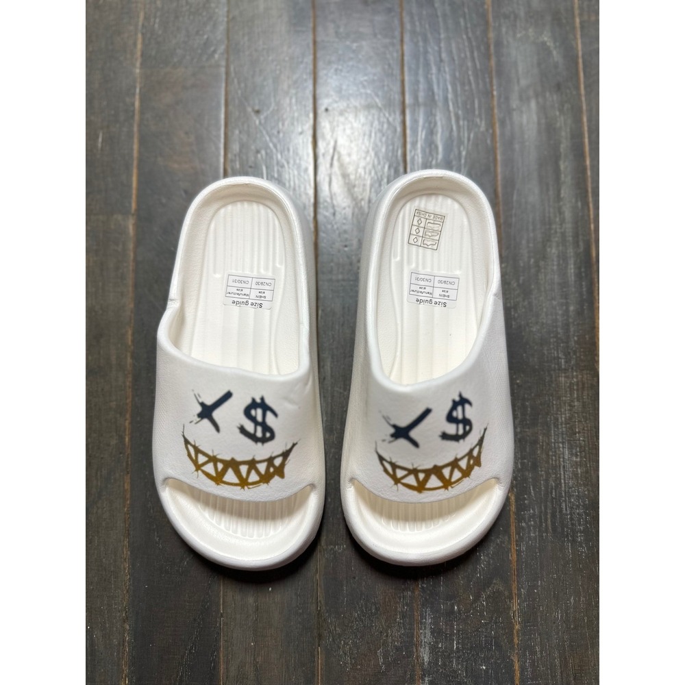SHEIN Kids White EVA Slide Sandals Graphic Smile Dollar Sign Size 1